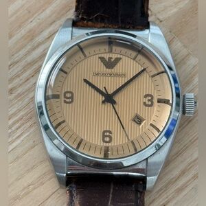 Emporio Armani Rare Vintage Men’s Watch Leather Strap Thick Amber Crystal Date